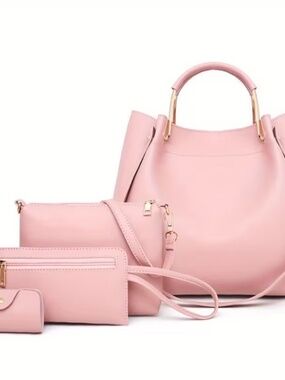 4 Piece Pink Handbag Wallet Crossbody Purse Set Gold Tone Handles